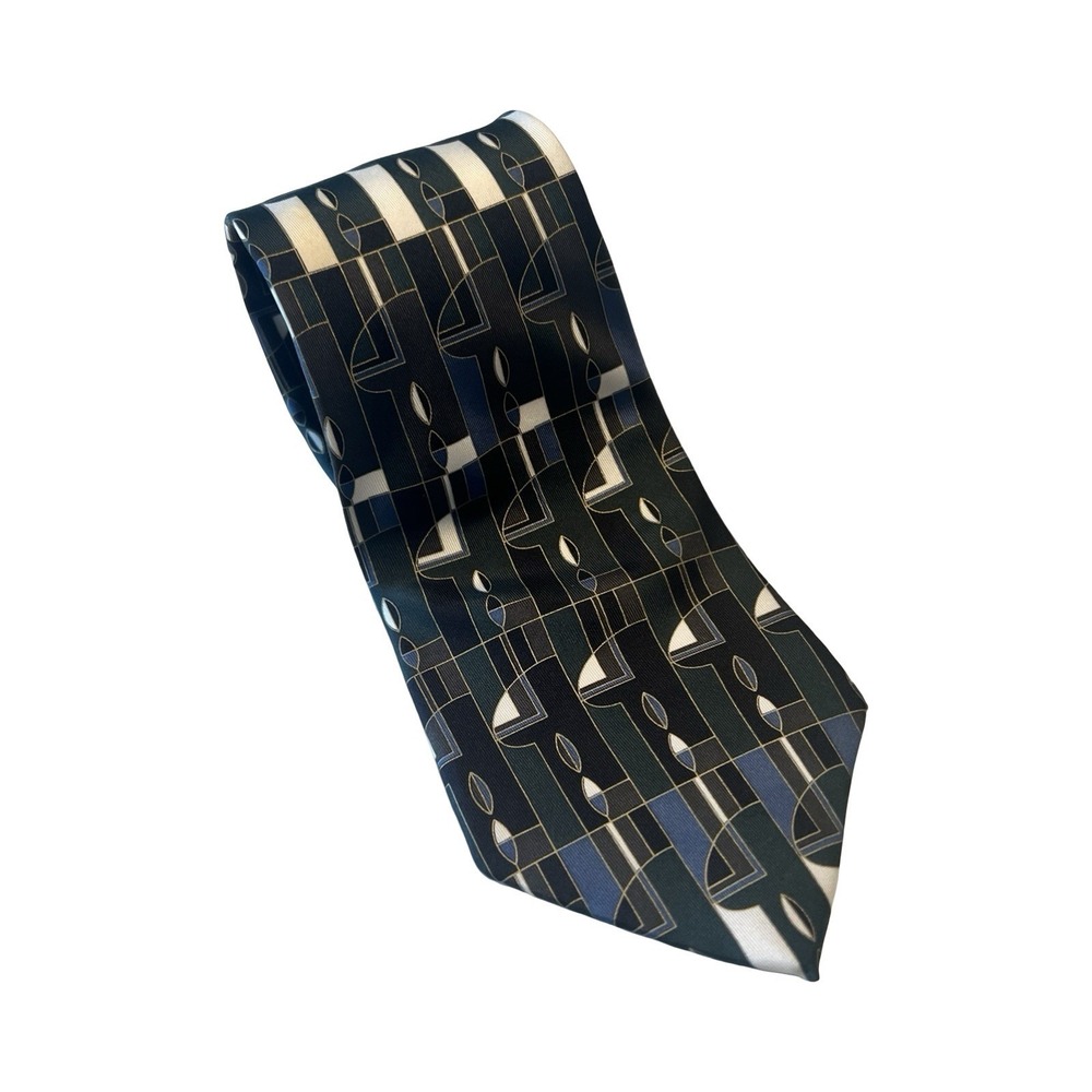 Conte di Milano Mens Silk Tie Navy Blue Grey White Geometric Abstract Made Italy